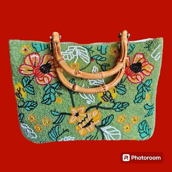 VTG BARSE Fairycore Floral Heavily Beaded Bamboo Double Handle Tote Bag - Picture 1 of 12